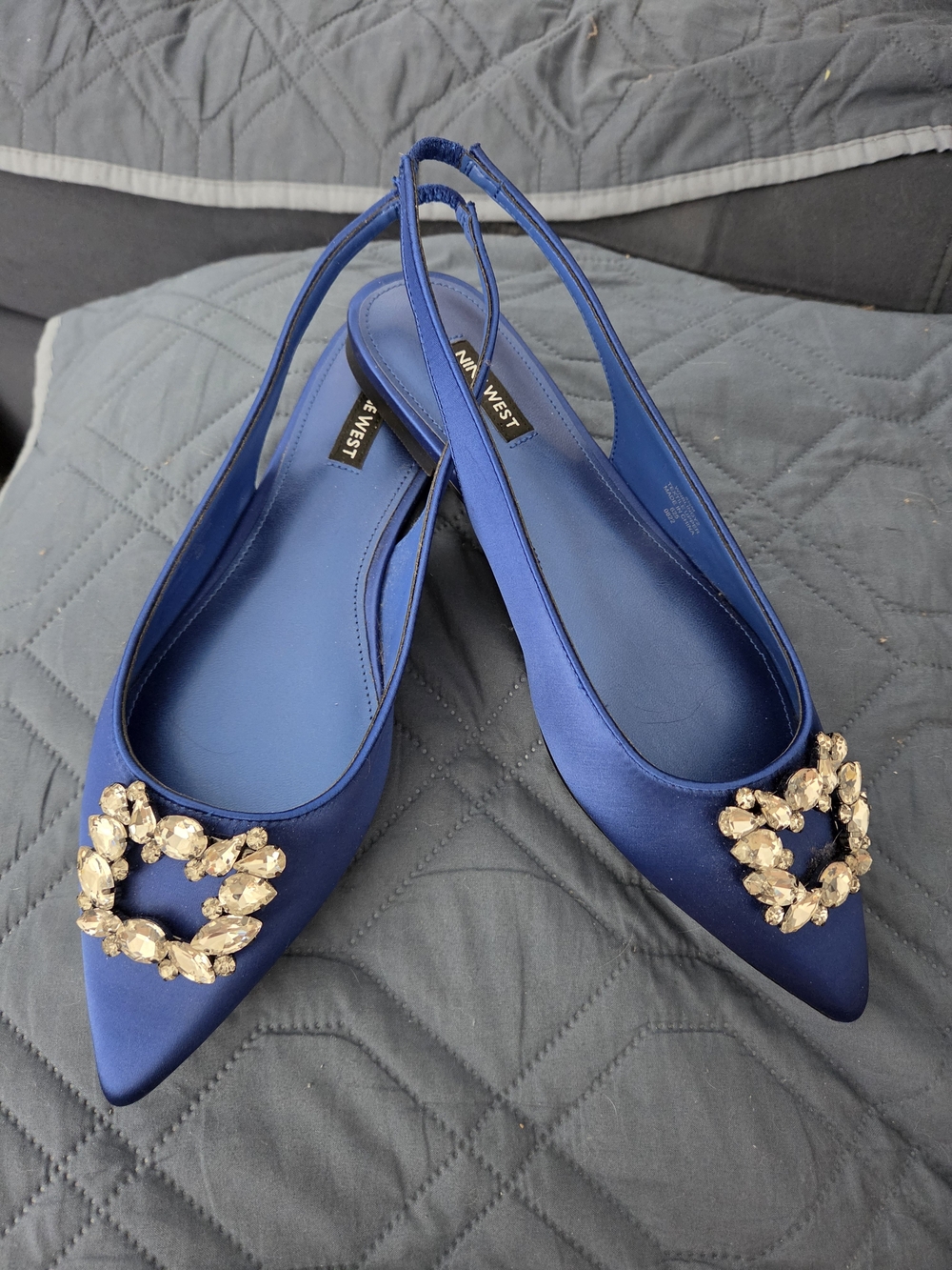 Nine West Royal Blue Satin Slingback Flats with Crystal Embellishment